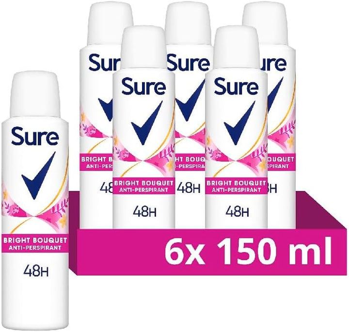 Sure Women Bright Bouquet Antiperspirant Deodorant Body Spray – Pack of 6 (150ml each) 48-Hour Sweat & Odour Protection | Strawberry, Apricot & Vanilla Fragrance