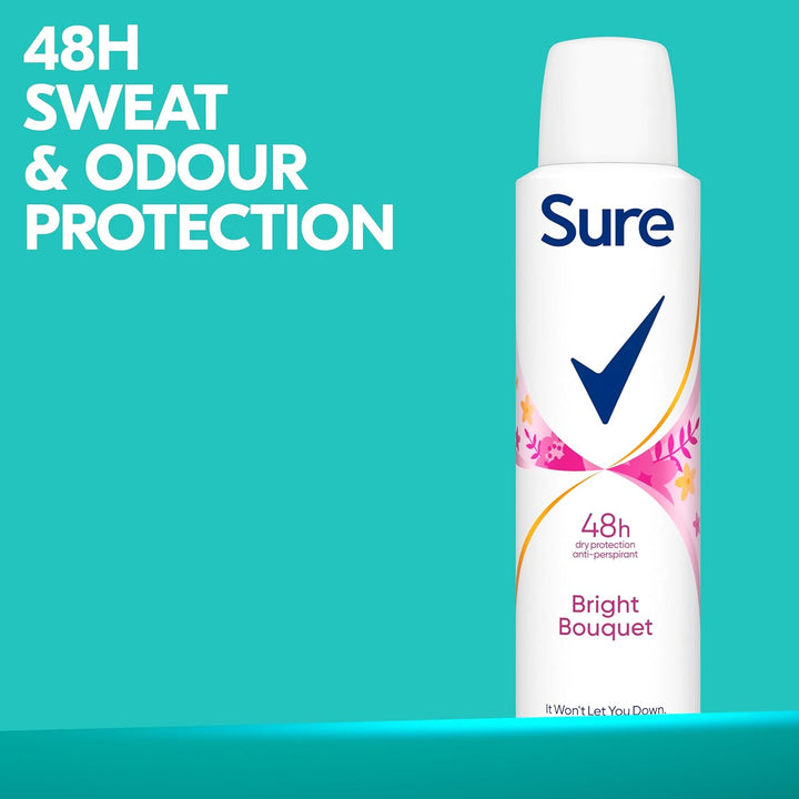 Sure Women Bright Bouquet Antiperspirant Deodorant Body Spray – Pack of 6 (150ml each) 48-Hour Sweat & Odour Protection | Strawberry, Apricot & Vanilla Fragrance