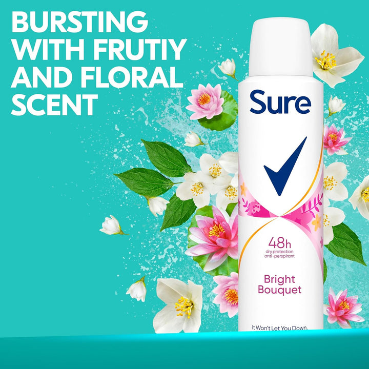 Sure Women Bright Bouquet Antiperspirant Deodorant Body Spray – Pack of 6 (150ml each) 48-Hour Sweat & Odour Protection | Strawberry, Apricot & Vanilla Fragrance